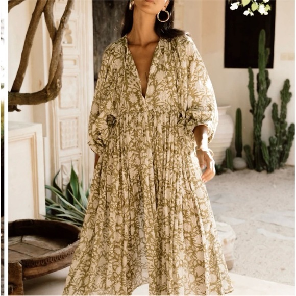 Daughters of India Kira Midi Dress 100% Cotton Boho Green Olive Floral Print  XL - Picture 2 of 13